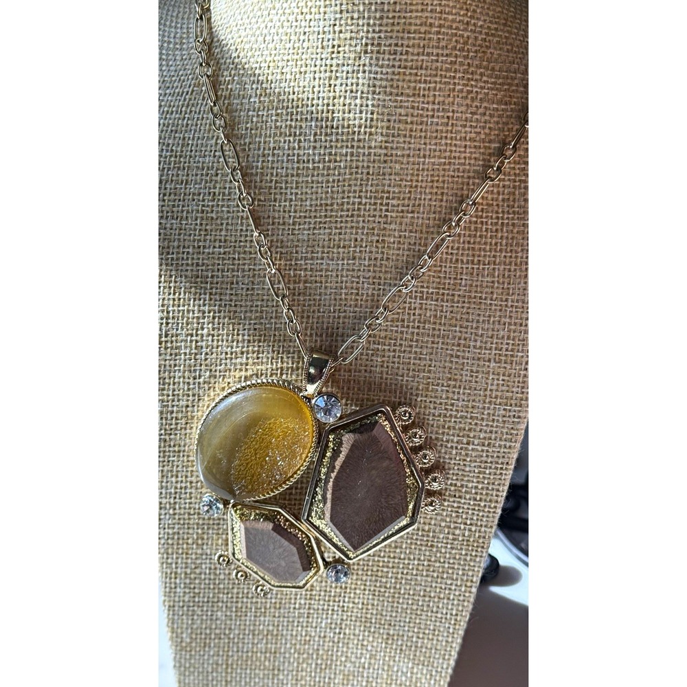 Gold Tone Geometric Asymmetrical Pendant Necklace Clear Crystal Adjustable